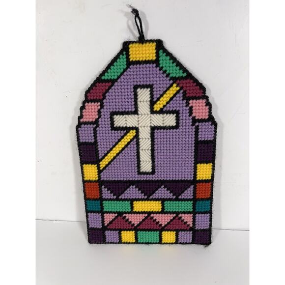 Vintage Needlepoint Stain Glass￼ Church Window Cross Stitch Wall Hanging Art - Picture 1 of 9
